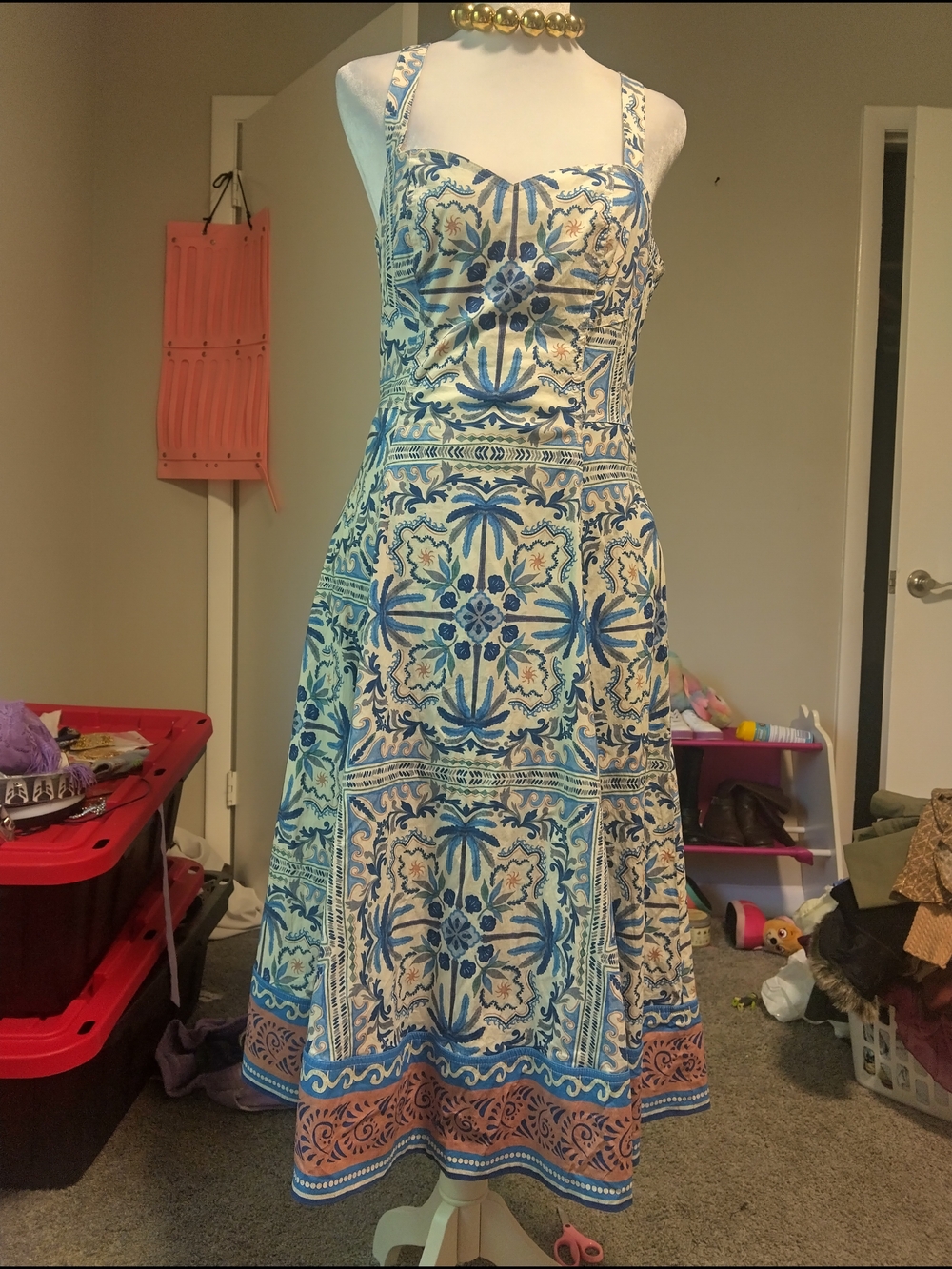 Avec Les Filles Blue, Cream & Rust Tile-Print Midi Dress - Picture 5 of 8